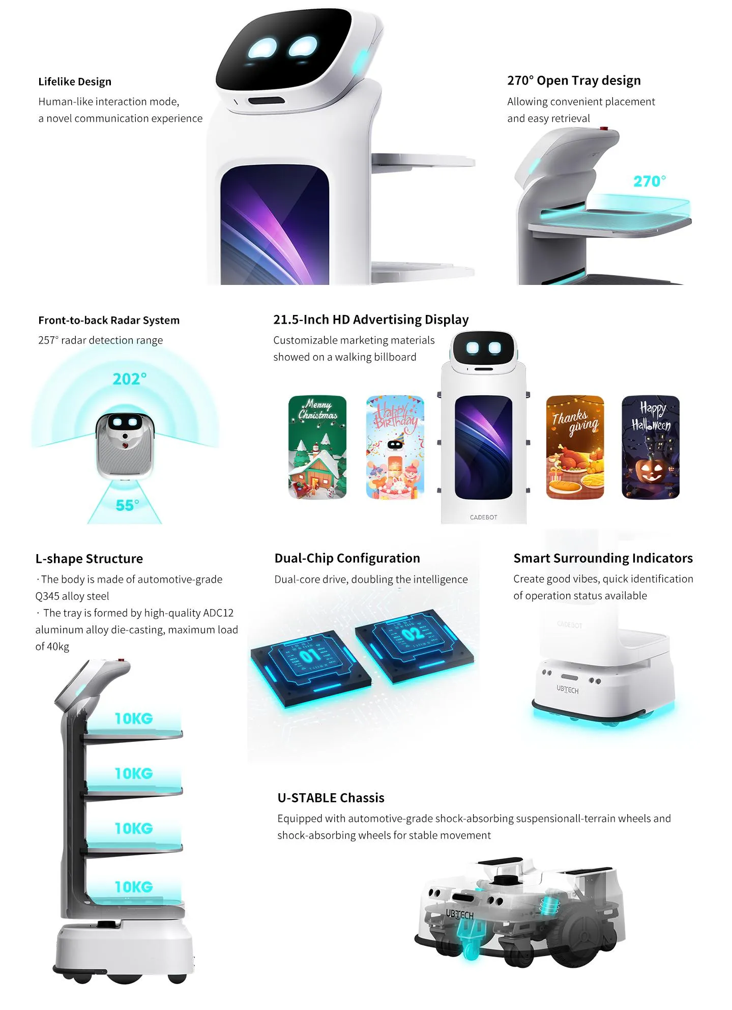 CadeBot overview image showing open tray design, advertising display, sensor coverage and structural features