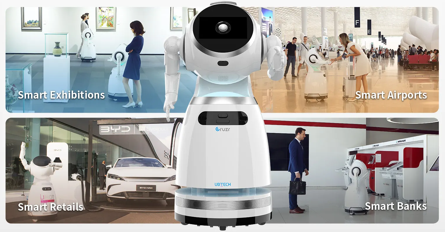 UBTECH Cruzr 1S product image showing public-facing service and tour use in a venue environment