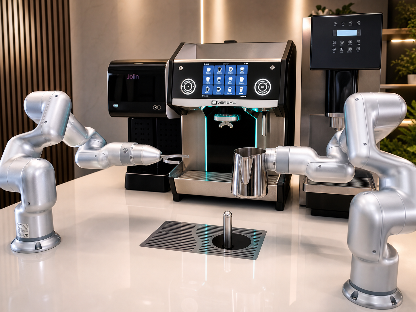 Coffee robot arm station for beverage automation.