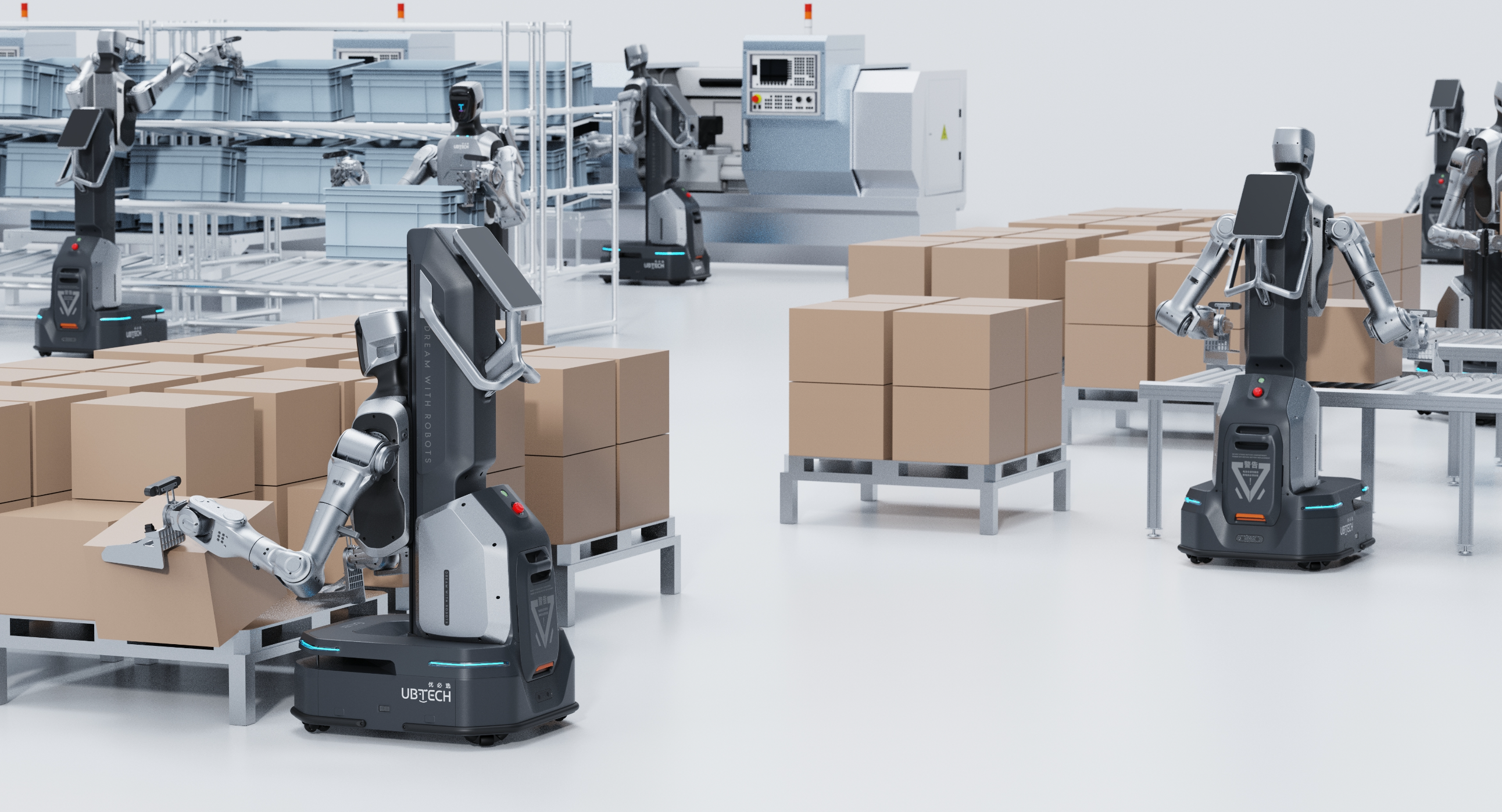 UBTECH Cruzr Y1 material handling robot shown in a warehouse and manufacturing automation scene