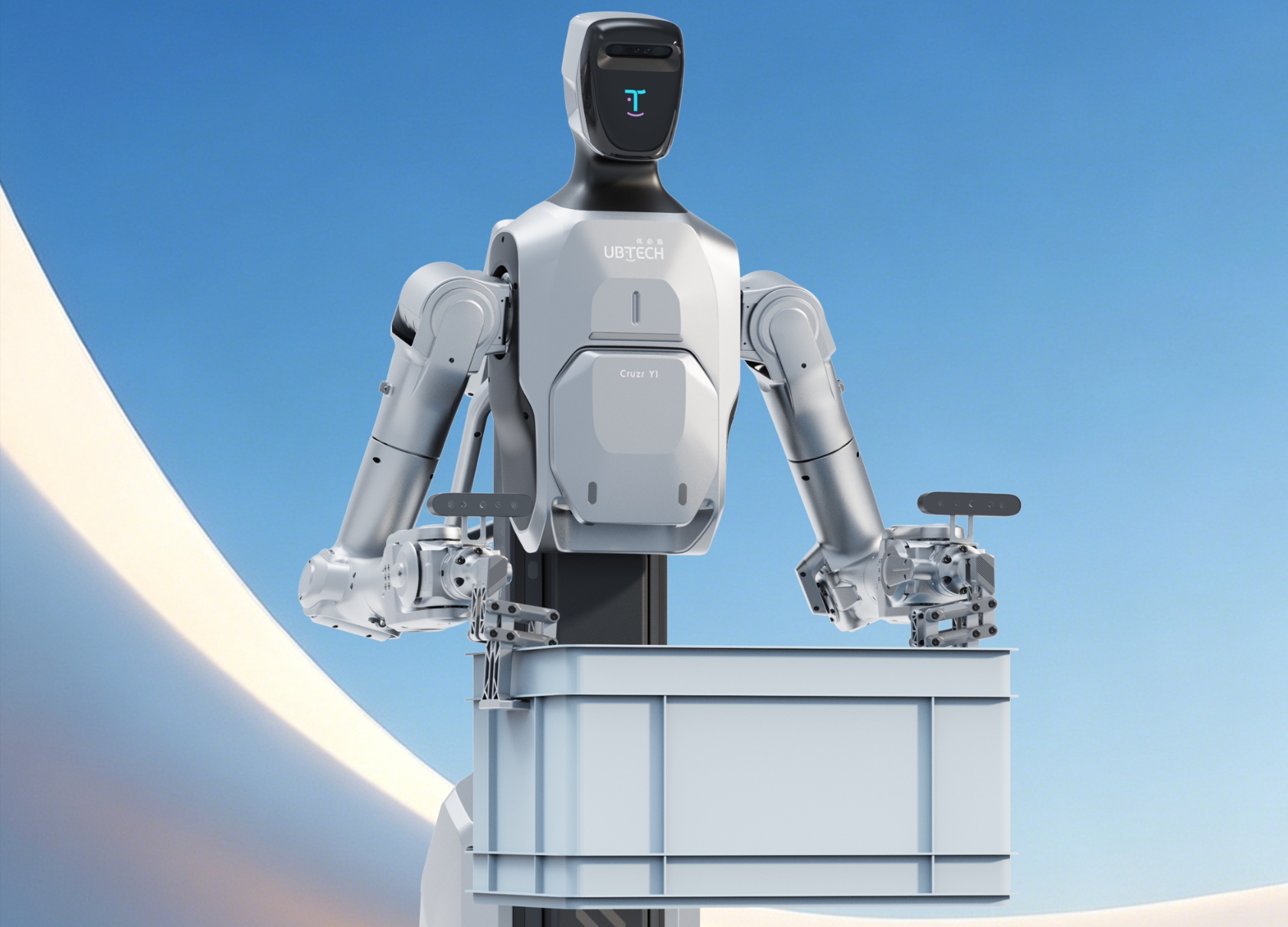UBTECH Cruzr Y1 material handling robot with dual arms, mobile base and lift module shown in official product renders